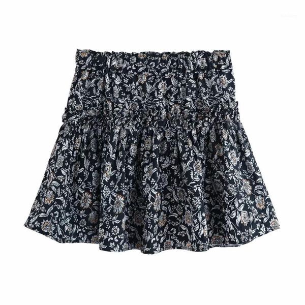 

new 2020 women floral print high elastic waist pleated mini skirt faldas mujer ladies ruffles vestidos casual slim skirts qun5721, Black