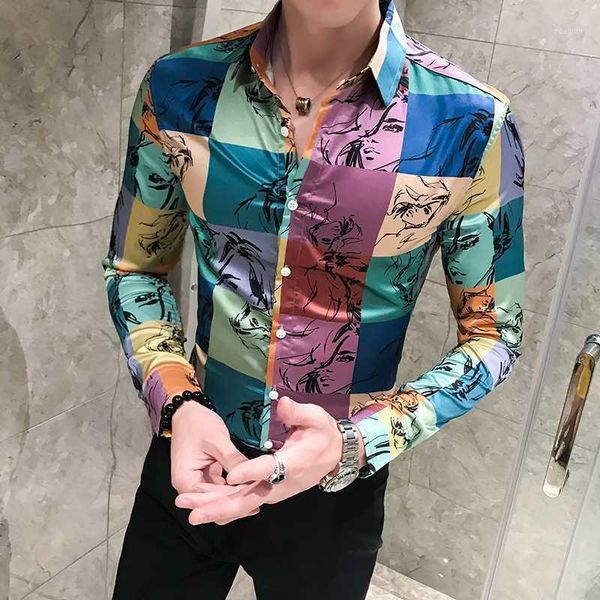 

autumn new printed plaid shirt men's club clothing fashion men's long-sleeved slim shirt social camisa homens tuxedo1, White;black