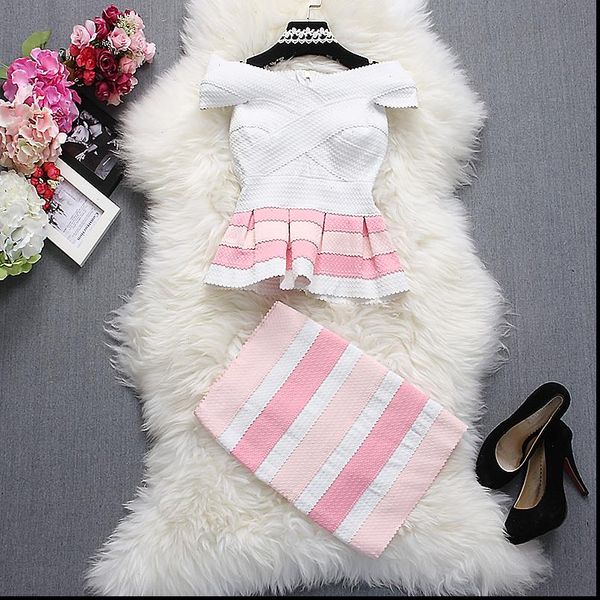 

alpha customization women fashion skirt outfits summer slash neck short sleeve striped ruffles dress and skirts sets, Gray