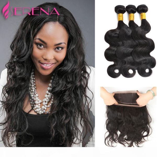

360 lace frontal with bundle with baby hair virgin human peruvian body wave 360 closure and bundles pre plucked 360 frontal band, Black;brown