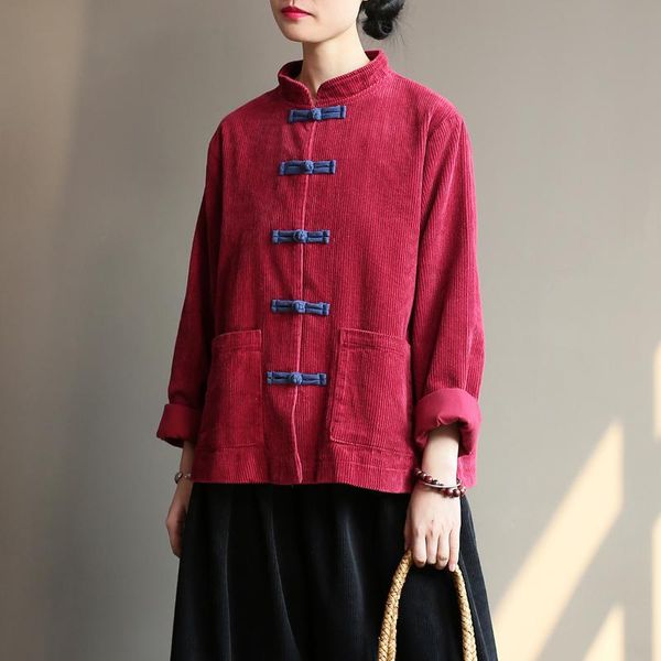 

women retro solid color stand collar jackets corduroy shirt ladies vintage loose outerwear female 2020 autumn coat, Black;brown