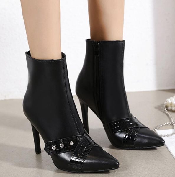 

brand women's shoes rubber boots round toe crystal boots-women fashion rain high heel pointy low rhinestone rock 2020, Black