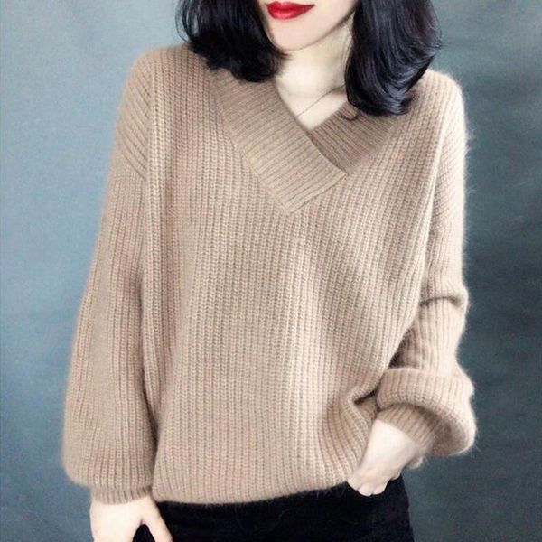 

v neck women autumn sweater knitted lantern sleeve cashmere female pullover solid ladies elegant pull femme drop shipping, White;black