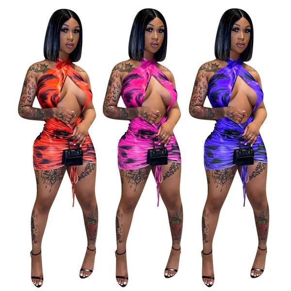 

fe166 new women's fashion printing cross neck dress women's wear, White