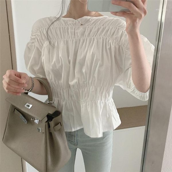 

zcwxm solid multi colors new 2020 women summer blouses shirts korean casual puff sleeve vintage fold draped wild short 1, White