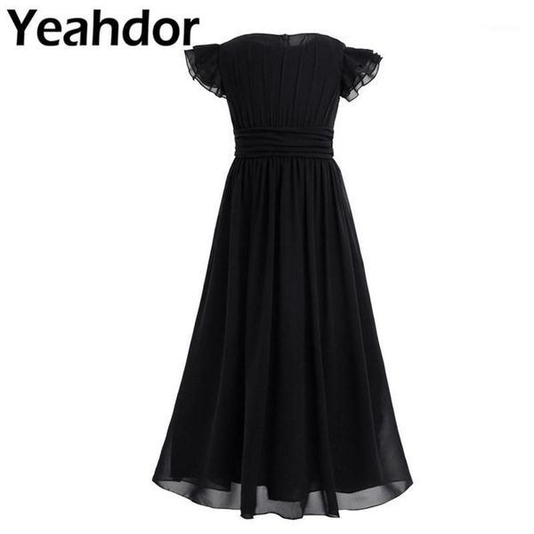 

kids girls flutter sleeves pleated high-waisted with sash ties floor length chiffon dress flower girls dresses for wedding party1, Red;yellow