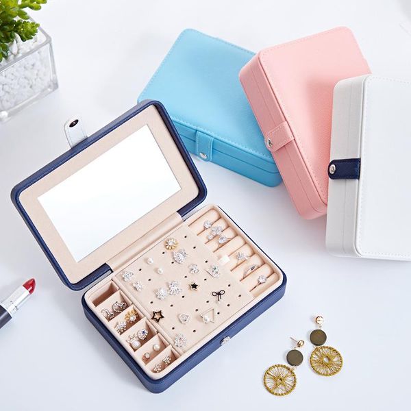 

portable pu earring jewelry box ring multi-function jewelry box wholesale storage display organizer, Pink;blue