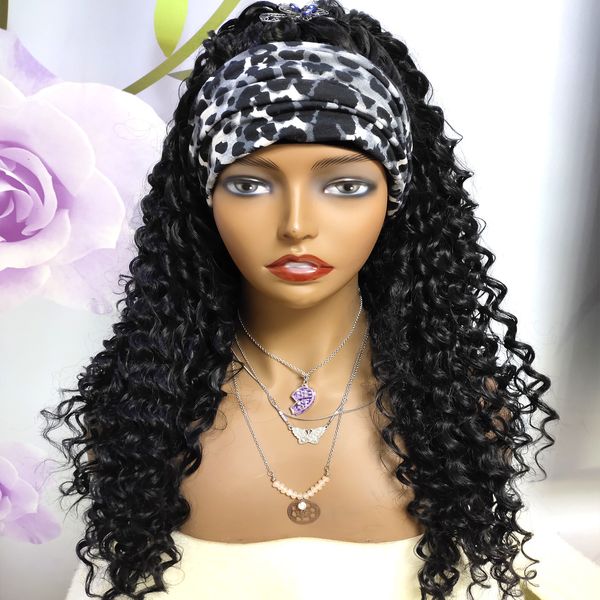 

kinky curly headband wig synthetic hair glueless machine wigs for women high heat fiber hair scarf wig small medium large cap, Black;brown