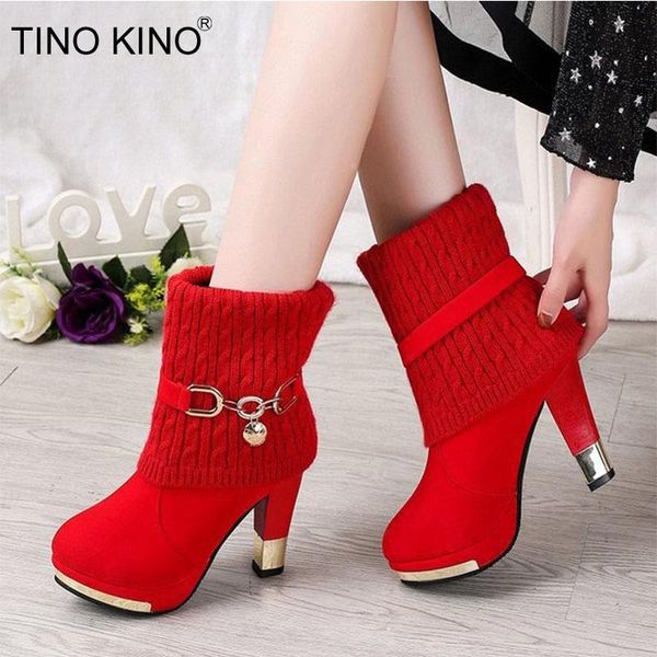 

women ankle boots knitted high heels shoes winter ladies warm plush platform pumps non slip fashion plus size shoes woman, Black