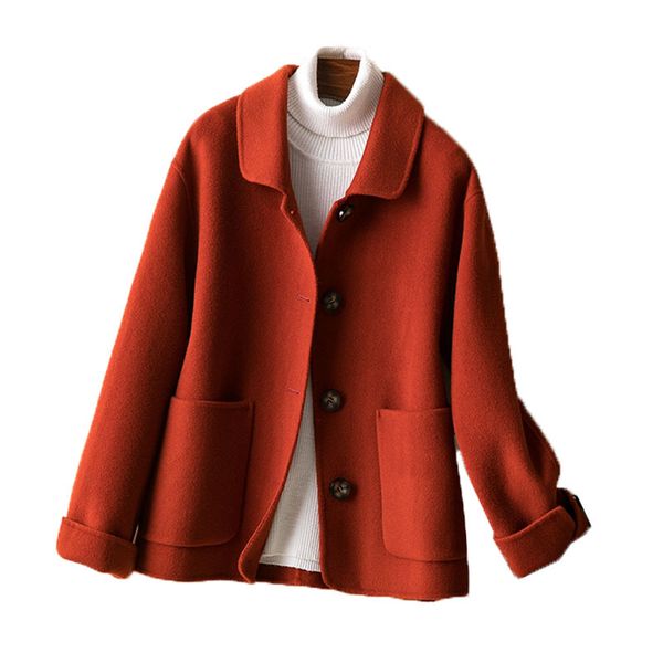 

2021 new wool double fashion cashmere ladies jacket spring autumn pocket solid outwear w25 tv5h, Black