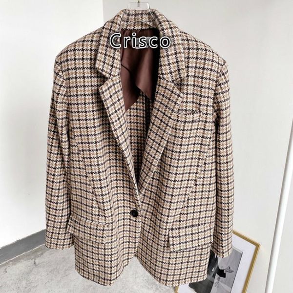 

women's wool & blends 100% women coat 2021 autumn and winter loose double pockets color matching plaid short coats jackets, Black