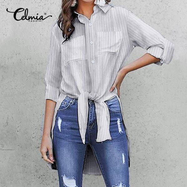 

women's striped shirts 2020 celmia vintage long sleeve blouse autumn long sleeve casual loose elegant party blusas plus size, White