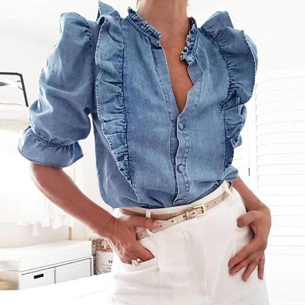 

casual vintage button work office female blue denim blouse women fashion 2019 autumn new solid ruffles puff sleeve shirts1, White