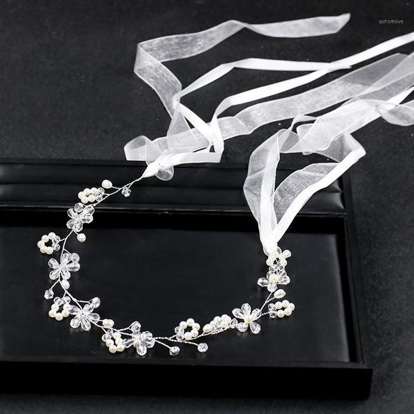 

pearl bride headband wedding hair ornaments pearl crystal flower yarn headband summer wedding hairbands bride trombone1, Golden;silver