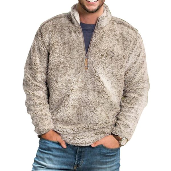 

winter fleece mens hoodies solid color loose stand collar thick sweatshirts autumn casual long sleeve pullover zipper man clothing, Black