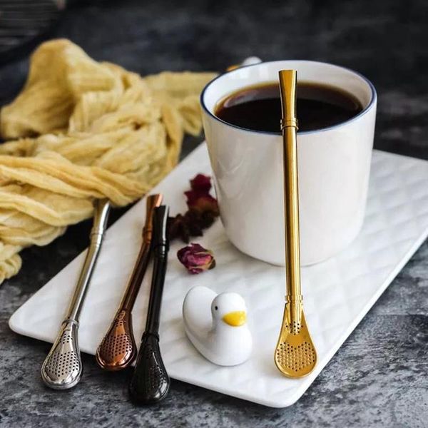 

spoons 2 in 1 coffee straw spoon stainless creative filter teaspoon dessert snack scoop ice cream mini tableware wholesale