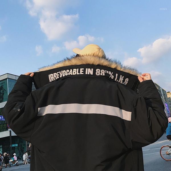 

2020 autumn new korean men's national tide hip hop solid color fashion trend fur collar thick loose street casual cotton clothes1, Black