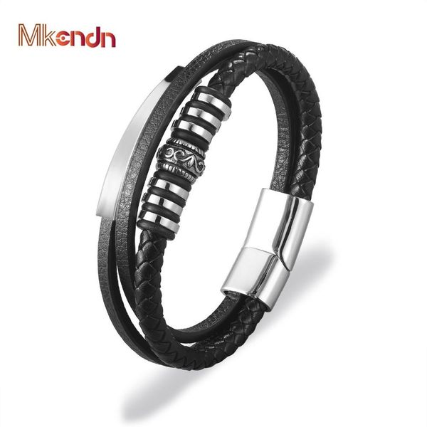 

mkendn geometrically irregular graphics stainless steel genuine leather bracelet men black/brown color accessories jewelry mkendn sqclql