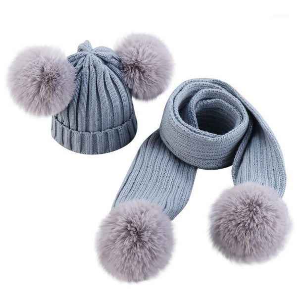 

2pcs baby knitting wool hemming keep warm winter hiarball cap hat +scarf set kid cap plush hat earmuffs children christmas#e201, Yellow