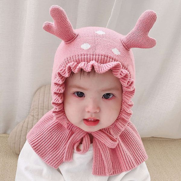 

one korean autumn cartoon piece antler and shawl winter cute warm baby hat, Red;brown