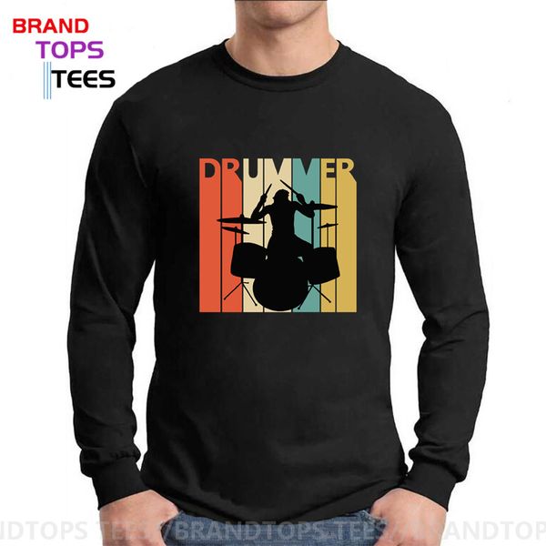 

funny drummer t shirt vintage 80s tees drums player t-shirt retro drumming rock music t-shirts men's long sleeve tshirt, White;black