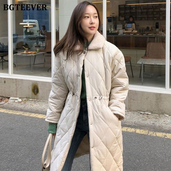 

bgteever streetwear turn-down collar women parkas 2019 female plaid down jacket cotton padded midi winter coat women outwear1, Black