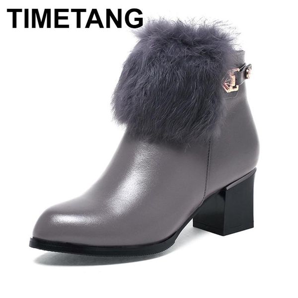 

timetang 2020 autumn winter women shoes woman genuine leather hair snow boots height increasing ankle boots women, Black