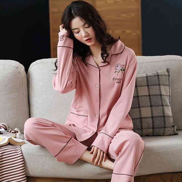 

spring and autumn ladies pajamas set cotton long sleeve buttons home furnishing soft and comfortable pajamas two-piece set, Black;red