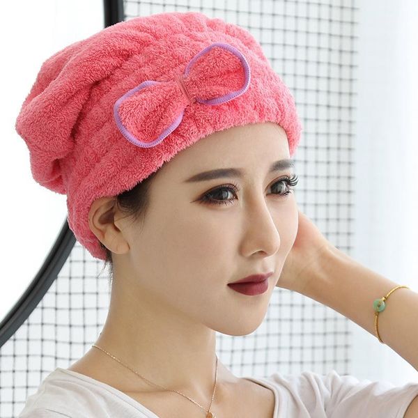 

5pcs/set cute bow-knot shower cap dry hair cap absorbent quick-drying turban solid hair towel soft hooded towel home textile1