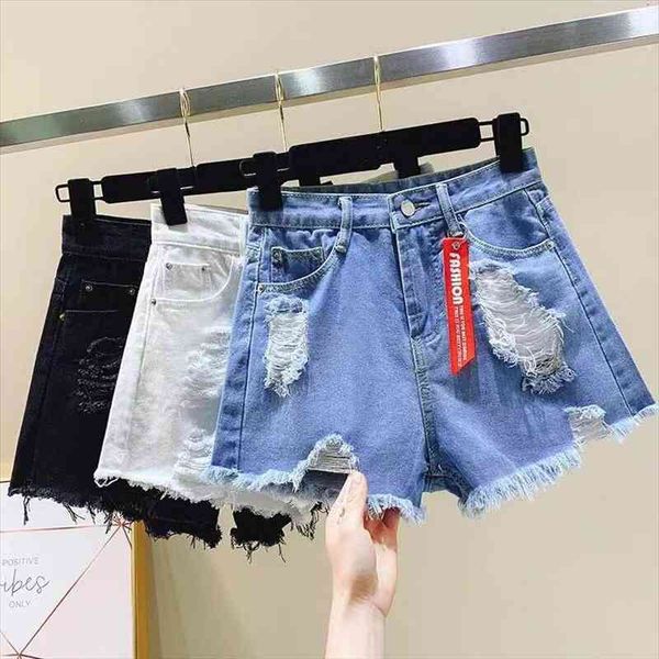 

denim shorts women jean shorts womens clothing summer big plus size waisted korean ripped hole destroyed black 5xl short, White;black