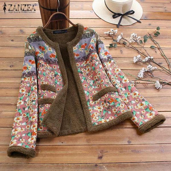 

zanzea winter women plush fluffy coats vintage floral printed long sleeve outwear plus size open front jackets autumn chaqueta1, Black;brown