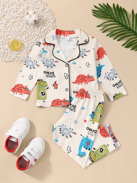 

baby letter and dinosaur print contrast piping shirt & pants she, White
