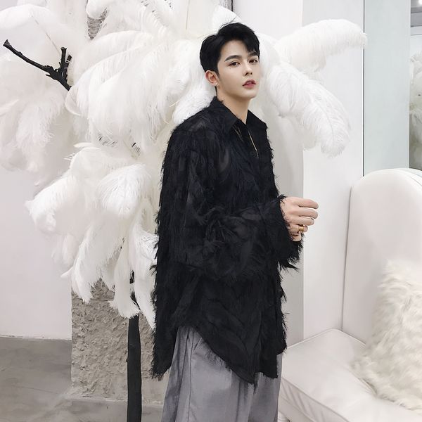 

2021 spring fall men feather long-sleeve, black-breathable shirt oversize stage club singer sweater of women vintage shirts sy2k, White;black