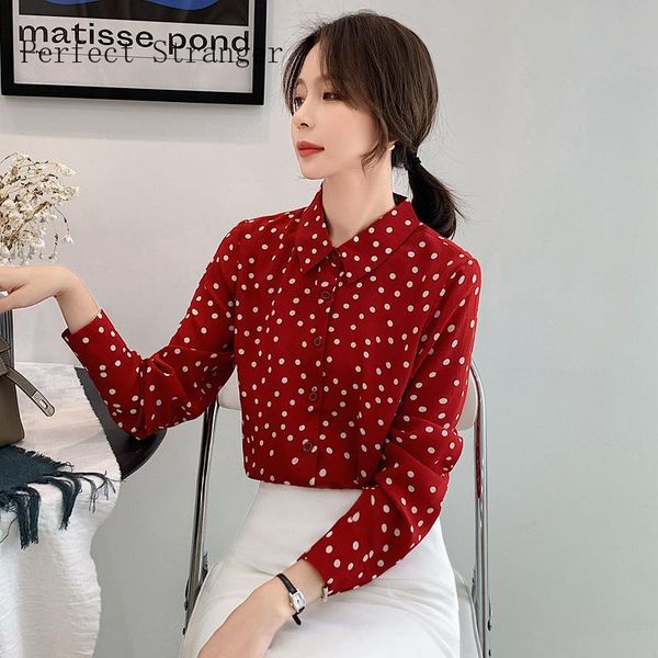 

hanxiner 2021 autumn new arrival korean turn-down collar dots printed long sleeve women chiffon blouse high quality, White