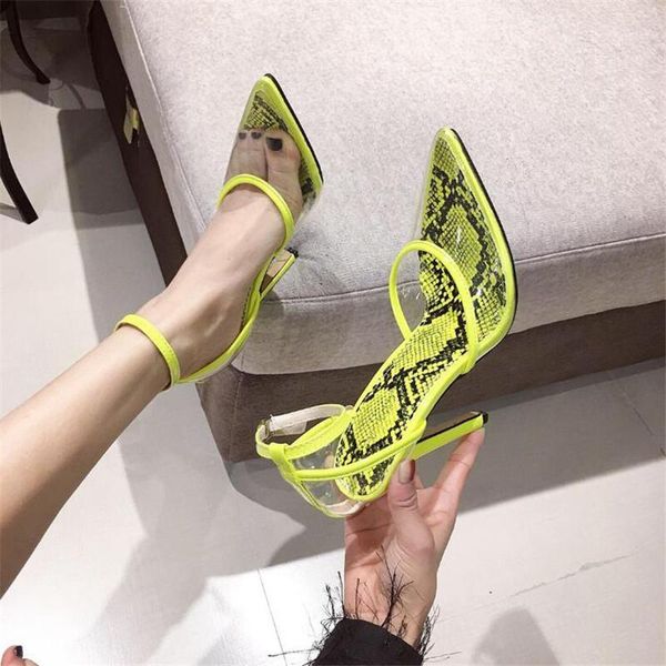 

snakeskin grain pvc transparent pumps ankle buckle strap pointed toe wedding pumps sandals party high heel femme shoes1, Black