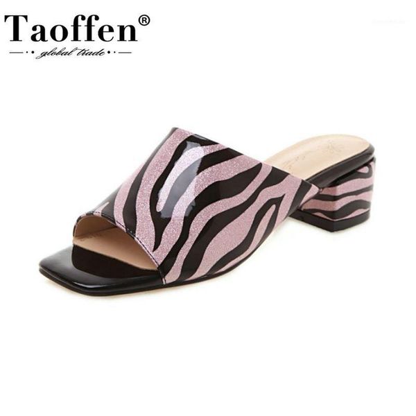 

sandals taoffen women fashion zebra print slippers ladies square heels shoes modern peep toe casual footwear size 33-431, Black