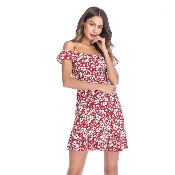 

2020 chiffon women's dress tank off-shoulder floral-print women dresses woman clothing flounced beach dress for female1, Black;gray