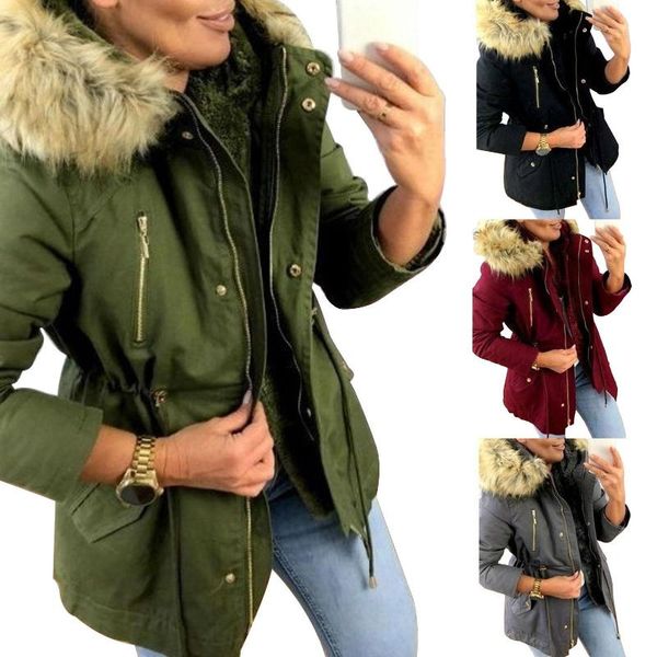 

2021 womens coats winter women thick plush warm faux fur hooded coat drawstring long sleeve oversized zip pockets female jacket, Black;brown