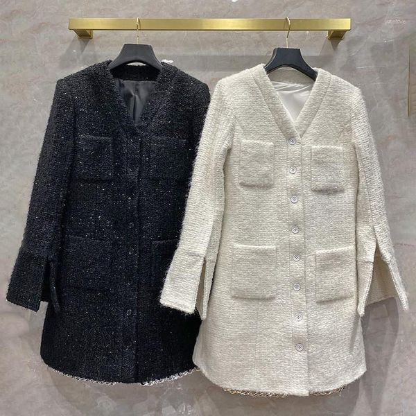

new arrival designer women autumn tweed coat v-neck chian overcoat c5871, Black