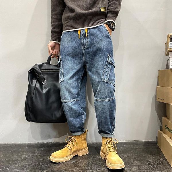 

autumn and winter washed old jeans hip hop multi pocket wide leg fashion jean pants streetwear blue jeans1