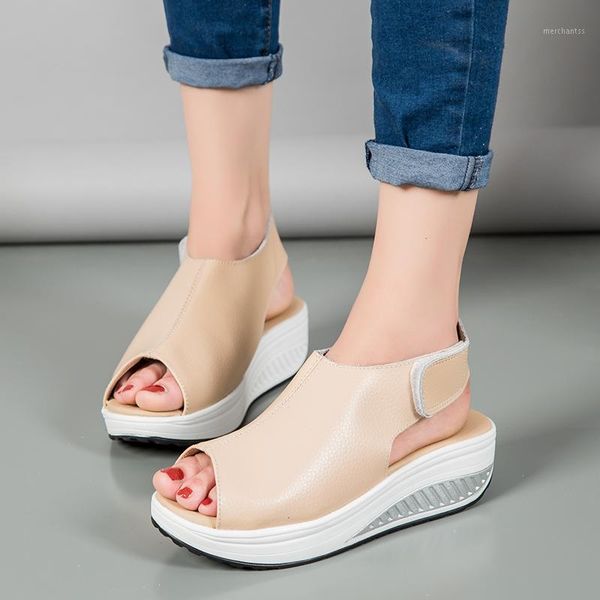 

oeak 2020 women solid color wedges shoes sandals platform female summer ankle strap trifle peep-toe flip flops high sandals1, Black
