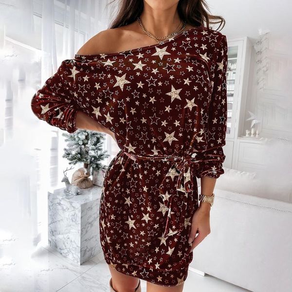 

cysincos women shiny stars print mini dress spring off shoulder long sleeve a-line party dress casual slim vestidos, Black;gray