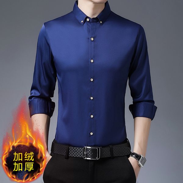 

thick men's solid color long sleeve 2020 winter leisure plush warm lapel middle aged shirt man, White;black