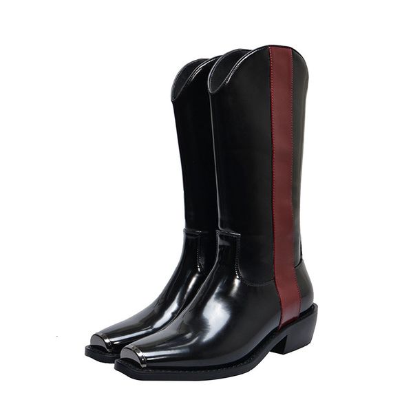

women knee-boots 2021 shoes 22-25 in length four inches heel spring and autumn cow colorblock patent w2i8, Black