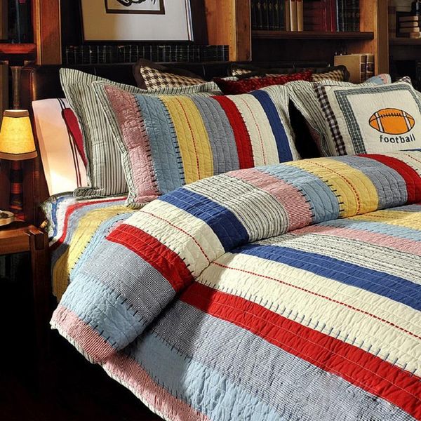 

chausub bedspreads 100% cotton quilts for double bed stripe 3pcs set with 2 pillowcase patchwork bed cover king size blanket