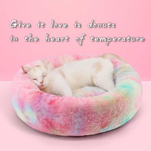 

round soft long plush dog bed for dogs basket pet products cushion cat mat house animals sofa