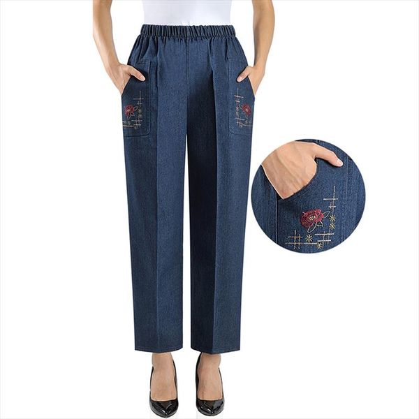 

elderly womens jeans spring autumn new embroidery elastic high waist mother cowboy pants loose large size grandma trousers 1415, Blue