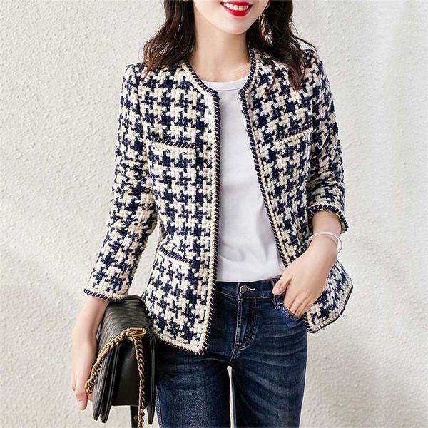 

plaid tweed jackets women o-neck long sleeve office lady wool coats autumn winter outwear vintage korean elegant plus size b3801, Black;brown