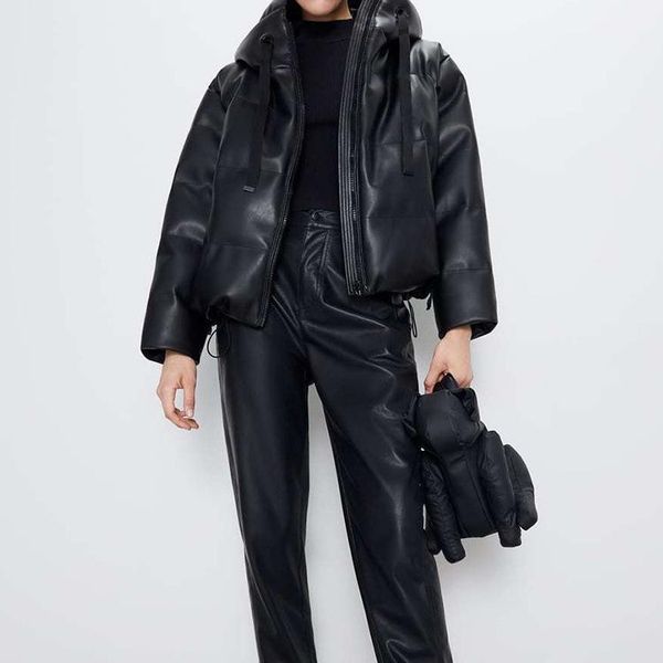 

faux leather coat winter hooded jacket women zipper thicker warm parkas outwear female casual solid short winter coat1, Black