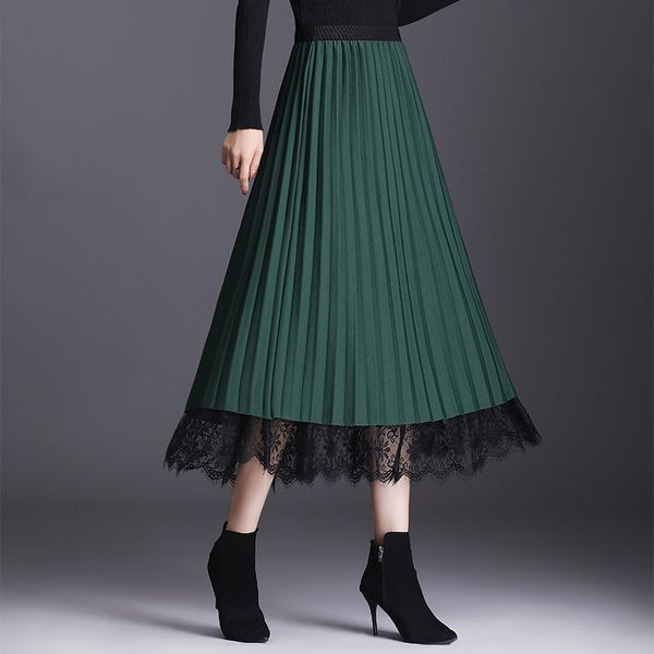 

2020 autumn & winter new arrivals elastic thin high waist casual all-match large swing women pleated long skirt y1214, Black